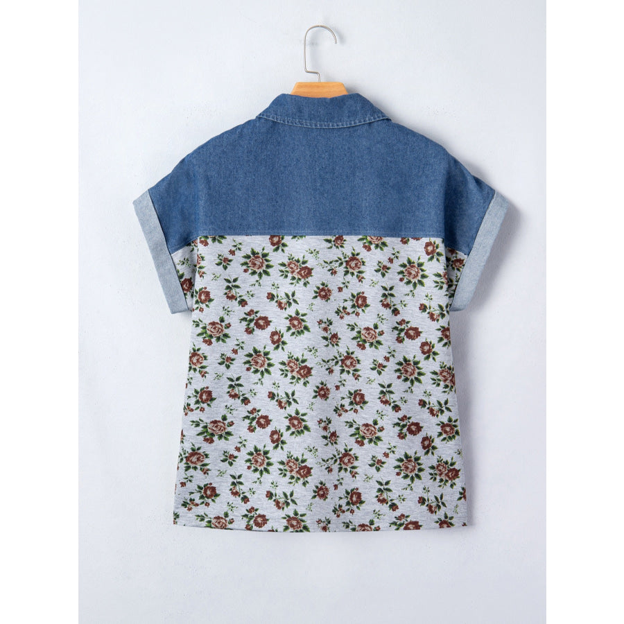 Floral Print Denim Patchwork Blouse Apparel and Accessories