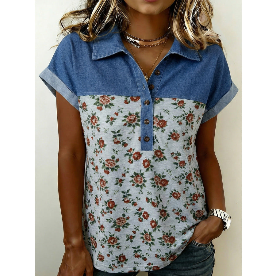 Floral Print Denim Patchwork Blouse Dusty Blue / S Apparel and Accessories
