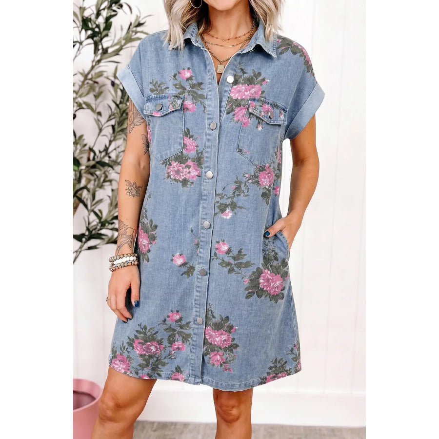 Floral Print Denim Shirt Dress Apparel and Accessories