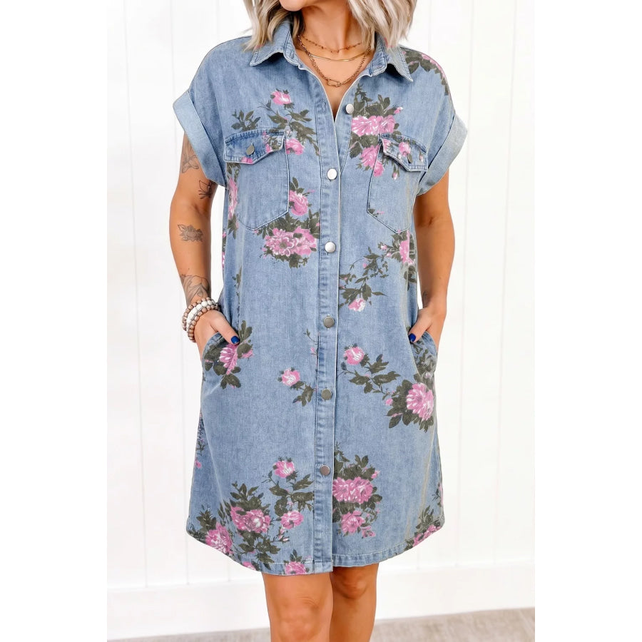 Floral Print Denim Shirt Dress Apparel and Accessories