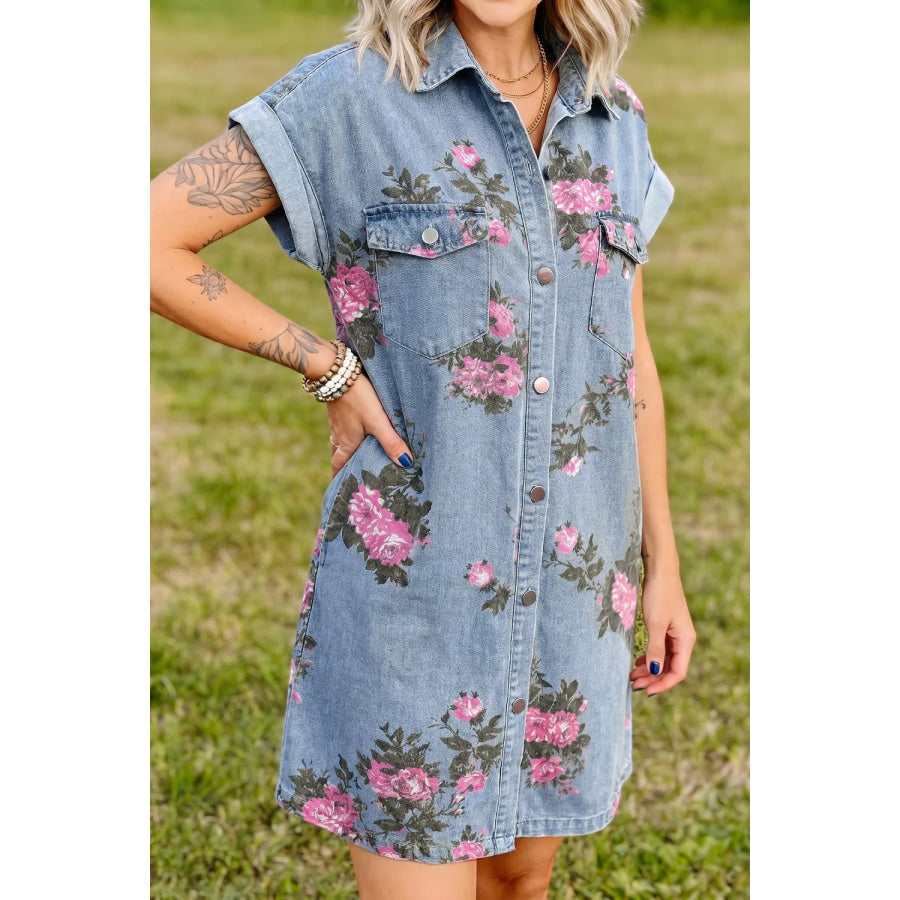 Floral Print Denim Shirt Dress Medium / S Apparel and Accessories