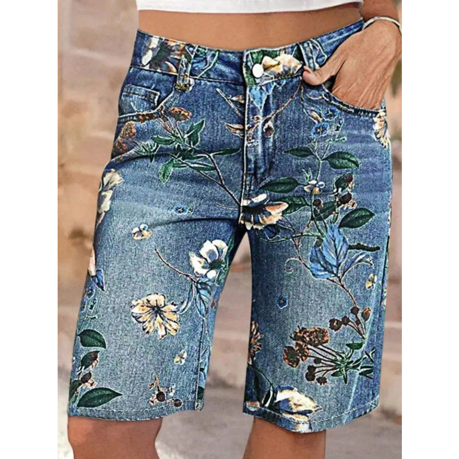 Floral Print Denim Shorts Apparel and Accessories