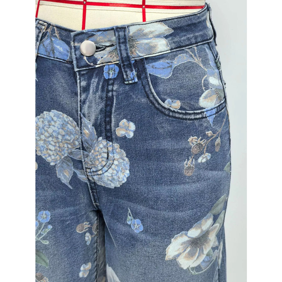 Floral Print Denim Shorts Apparel and Accessories
