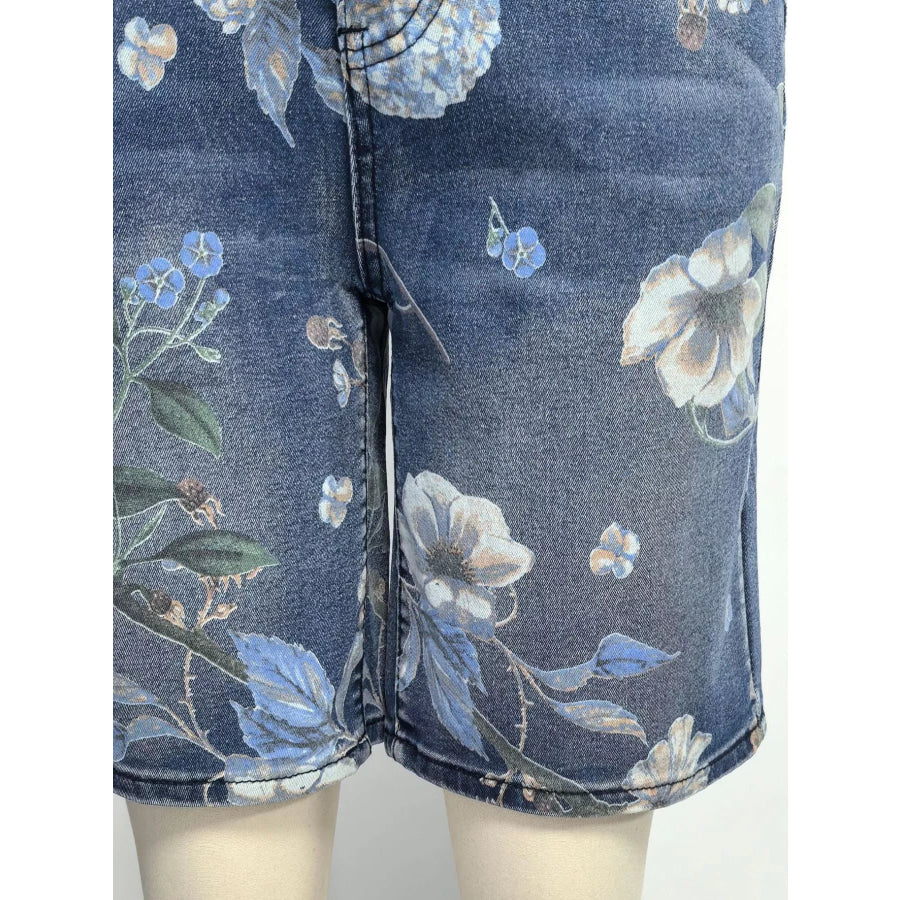Floral Print Denim Shorts Apparel and Accessories