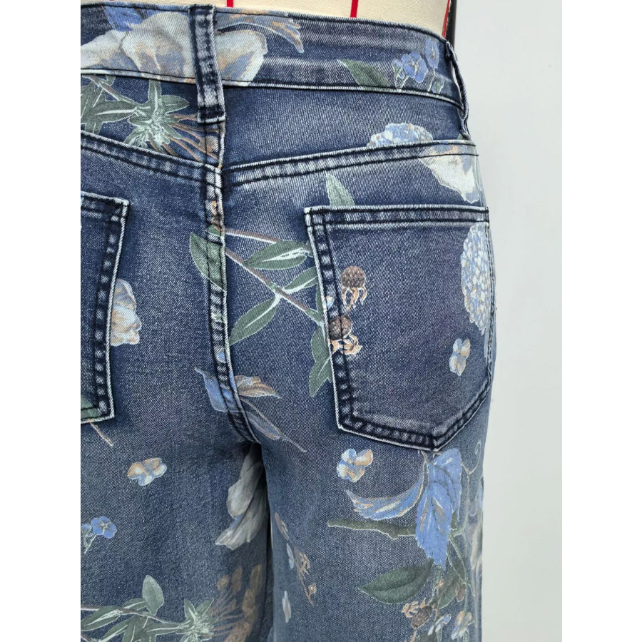 Floral Print Denim Shorts Apparel and Accessories