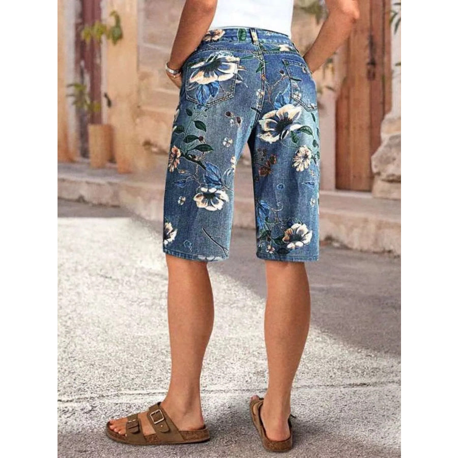 Floral Print Denim Shorts Apparel and Accessories