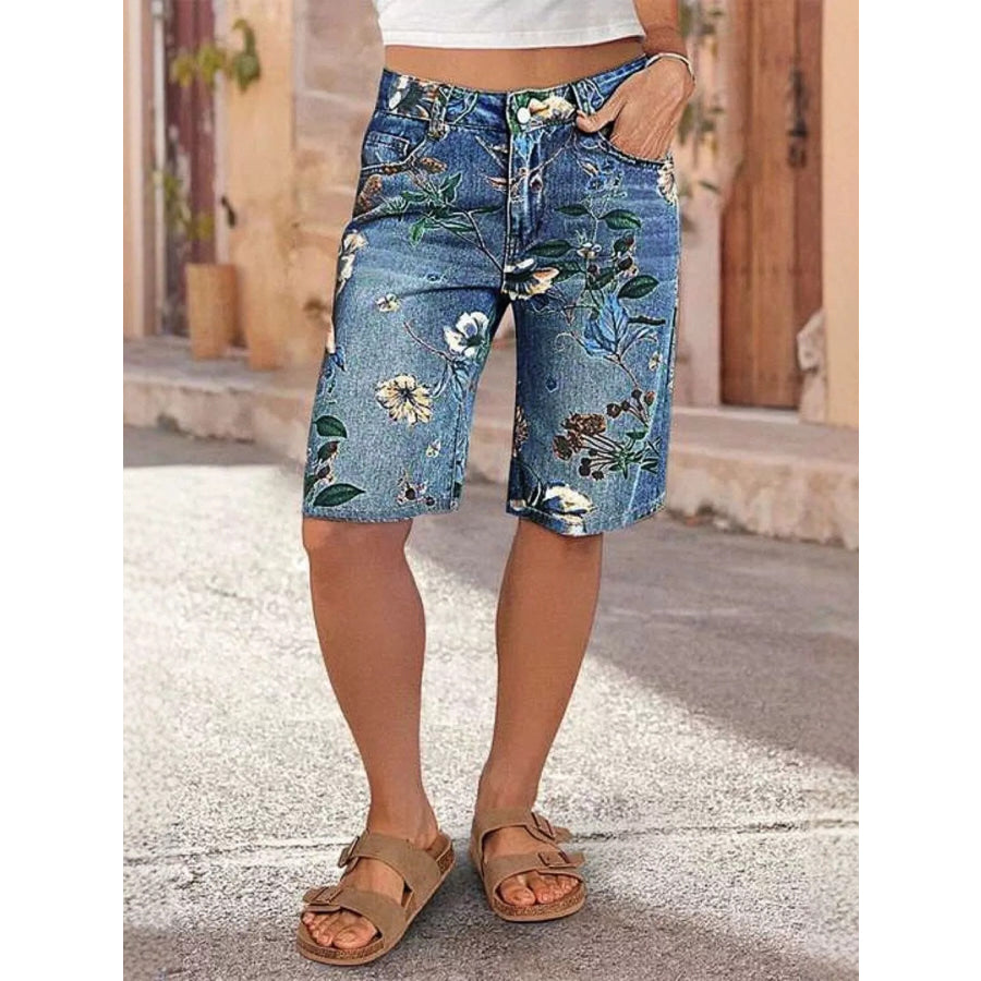 Floral Print Denim Shorts Blue / S Apparel and Accessories