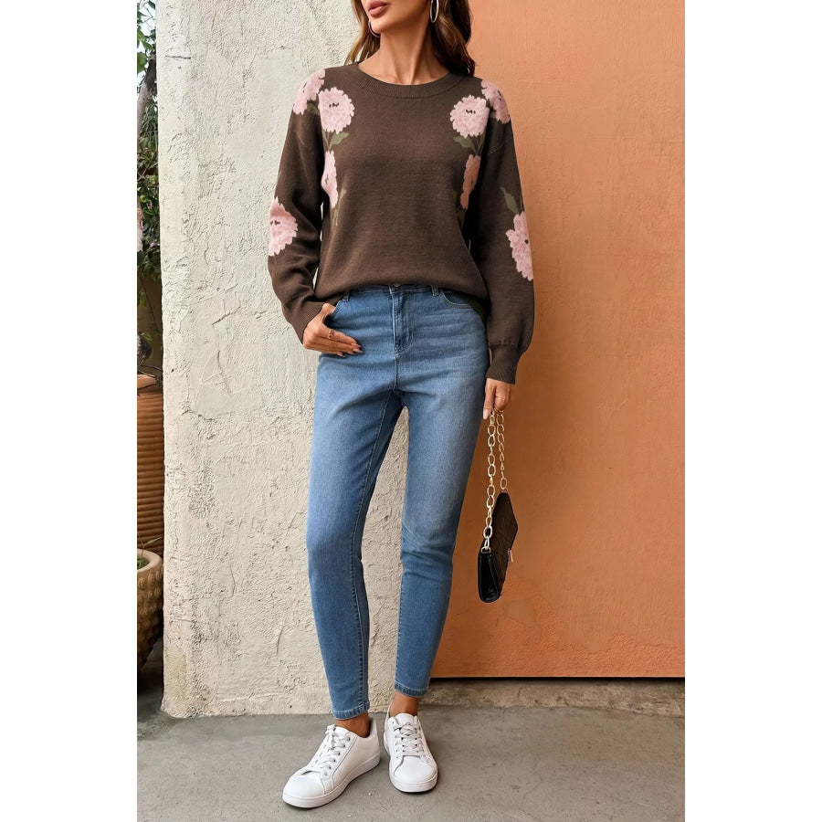 Floral Print Drop Shoulder Relaxed Sweater Apparel and Accessories