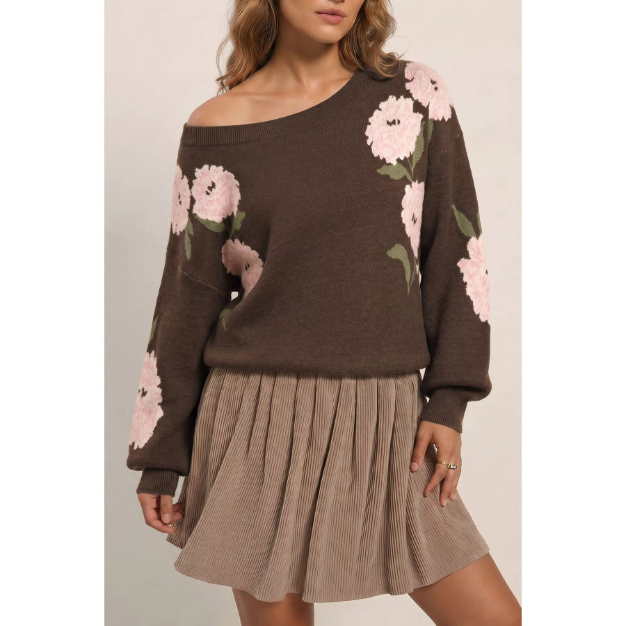 Floral Print Drop Shoulder Relaxed Sweater Dark Brown / XL Apparel and Accessories