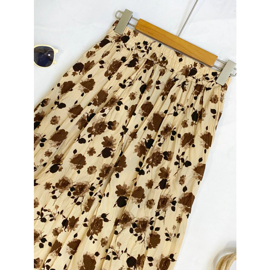Floral Print Elastic Waist Midi Skirt Apparel and Accessories
