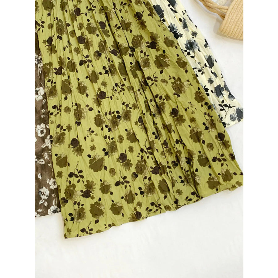 Floral Print Elastic Waist Midi Skirt Apparel and Accessories