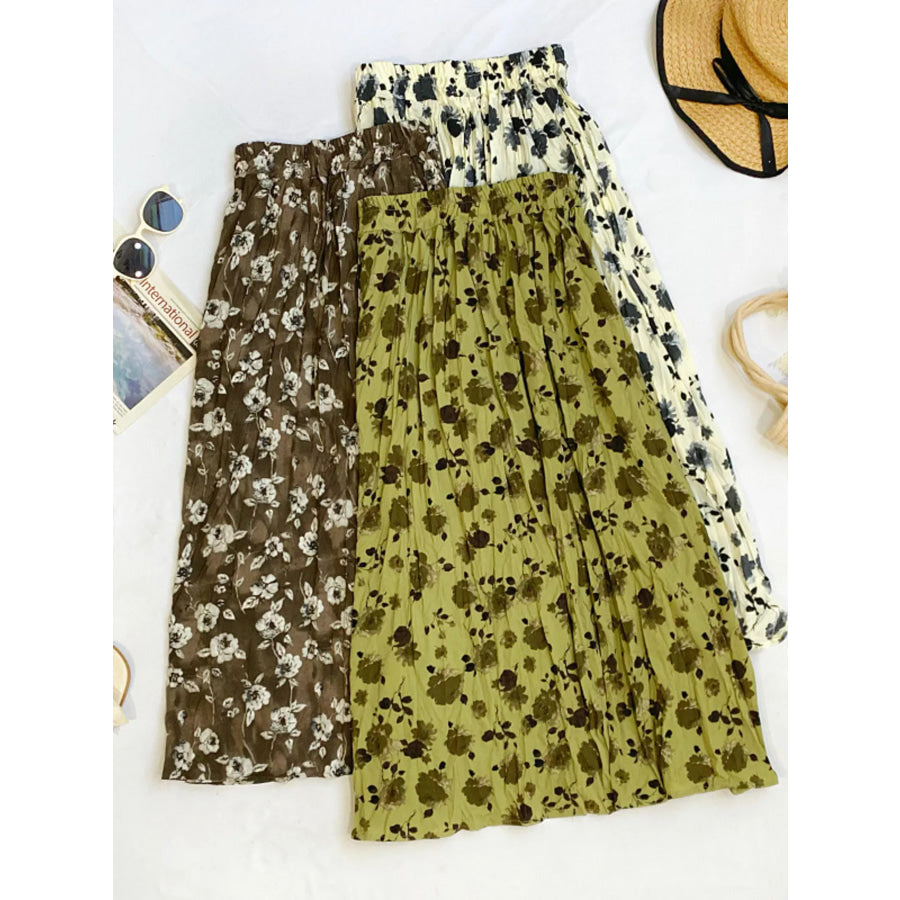 Floral Print Elastic Waist Midi Skirt Apparel and Accessories
