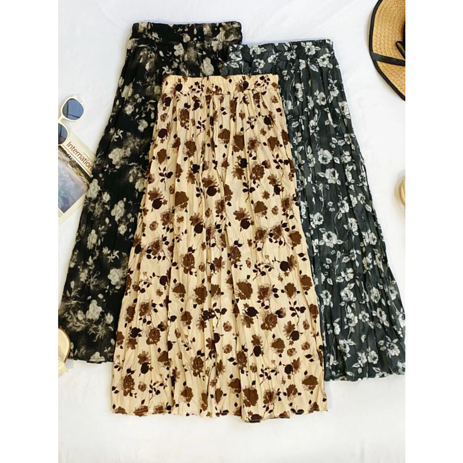 Floral Print Elastic Waist Midi Skirt Apparel and Accessories