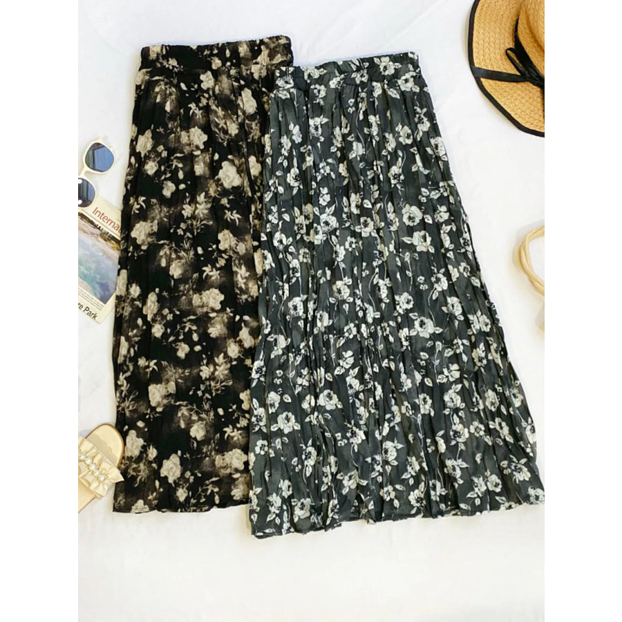 Floral Print Elastic Waist Midi Skirt Apparel and Accessories