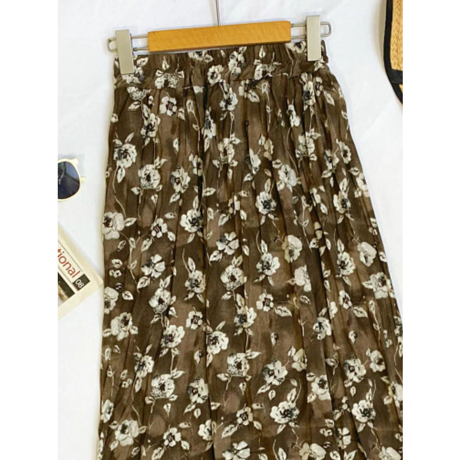 Floral Print Elastic Waist Midi Skirt Apparel and Accessories