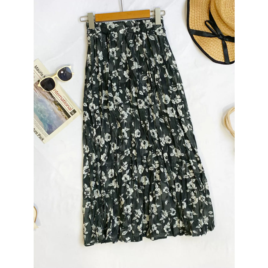 Floral Print Elastic Waist Midi Skirt Black / One Size Apparel and Accessories
