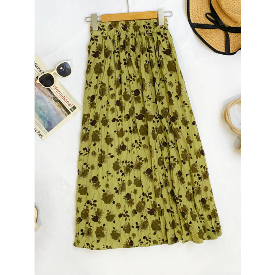 Floral Print Elastic Waist Midi Skirt Olive / One Size Apparel and Accessories
