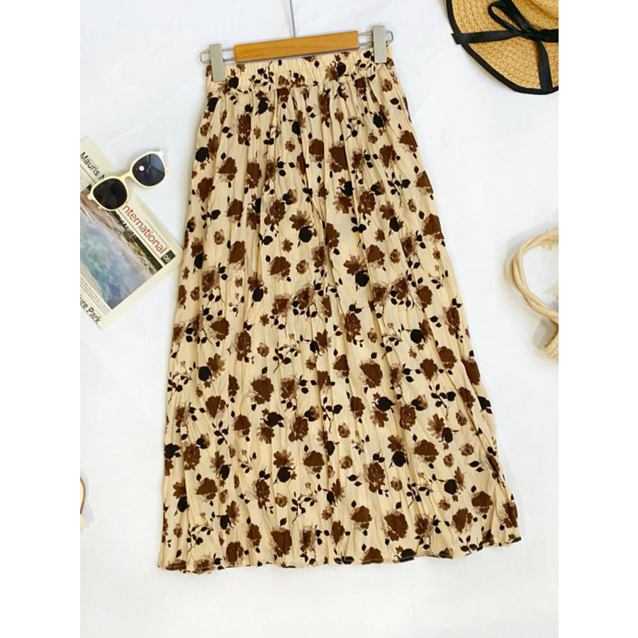 Floral Print Elastic Waist Midi Skirt Tan / One Size Apparel and Accessories