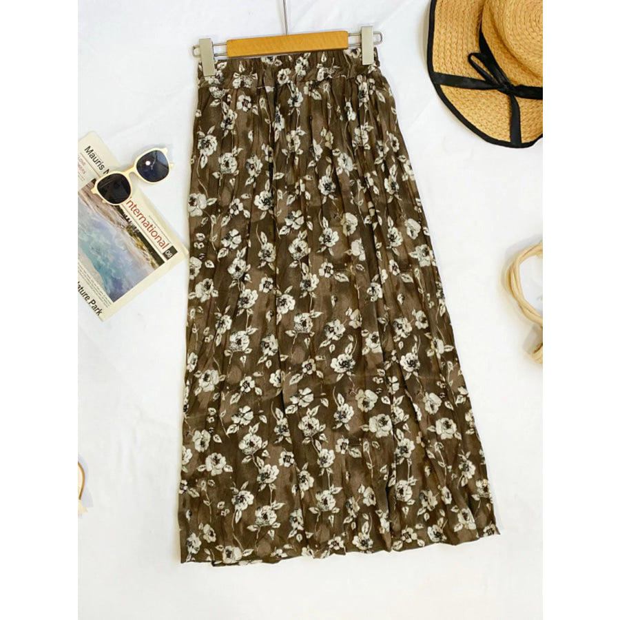 Floral Print Elastic Waist Midi Skirt Taupe / One Size Apparel and Accessories