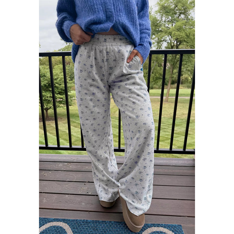 Floral Print Elastic Waist Pants Light Gray / S Apparel and Accessories