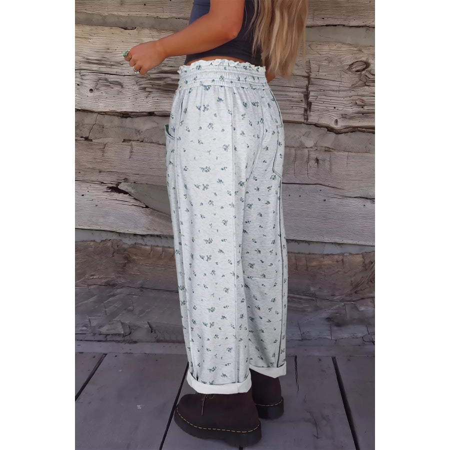 Floral Print Elastic Waist Regular Fit Pants Apparel and Accessories