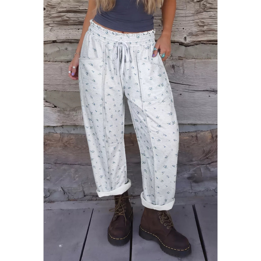 Floral Print Elastic Waist Regular Fit Pants Light Gray / S Apparel and Accessories