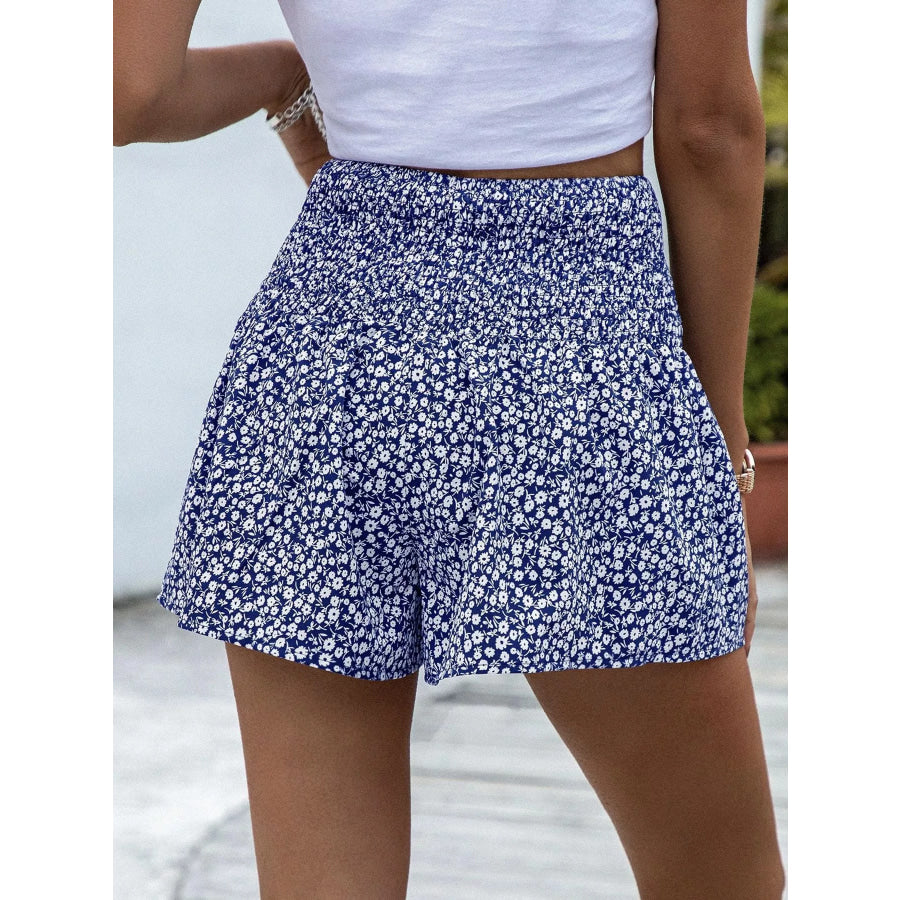 Floral Print Elastic Waist Shorts Blue / S Apparel and Accessories
