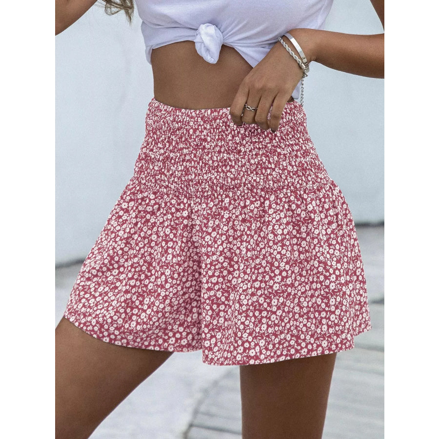 Floral Print Elastic Waist Shorts Red / S Apparel and Accessories