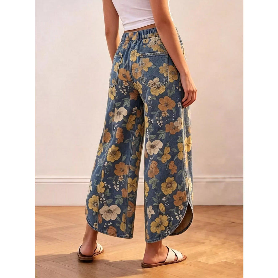 Floral Print Elastic Waist Wide-Leg Jeans Apparel and Accessories