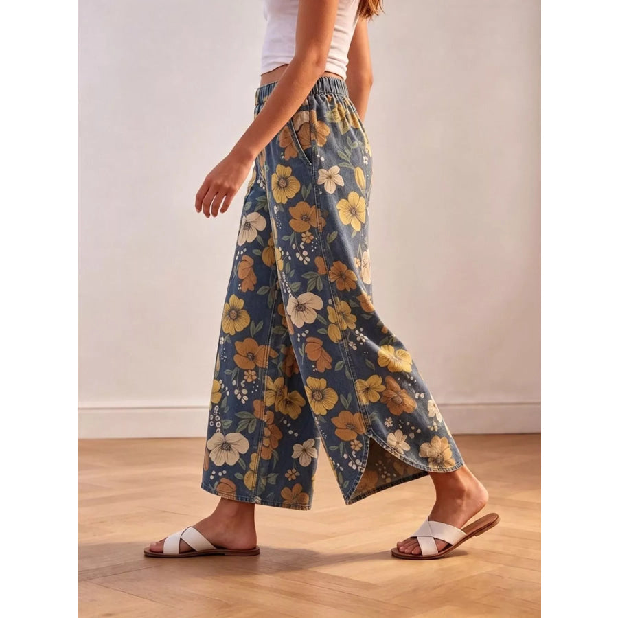 Floral Print Elastic Waist Wide-Leg Jeans Apparel and Accessories