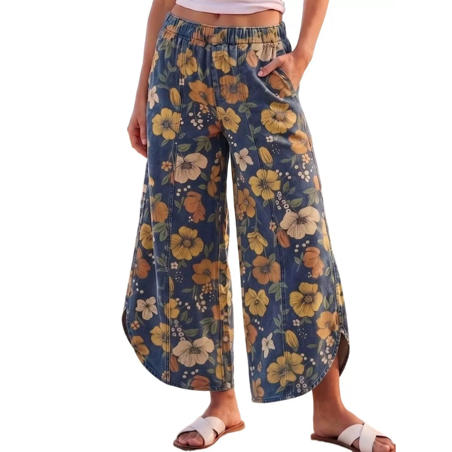 Floral Print Elastic Waist Wide-Leg Jeans Apparel and Accessories