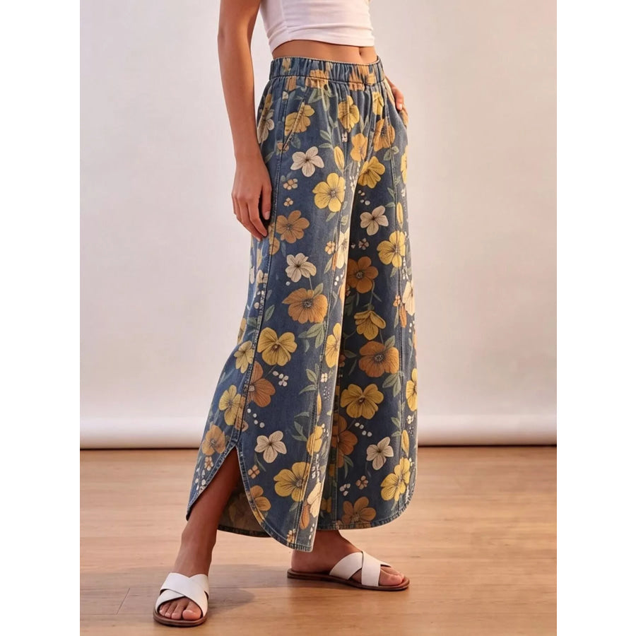 Floral Print Elastic Waist Wide-Leg Jeans Blue / S Apparel and Accessories