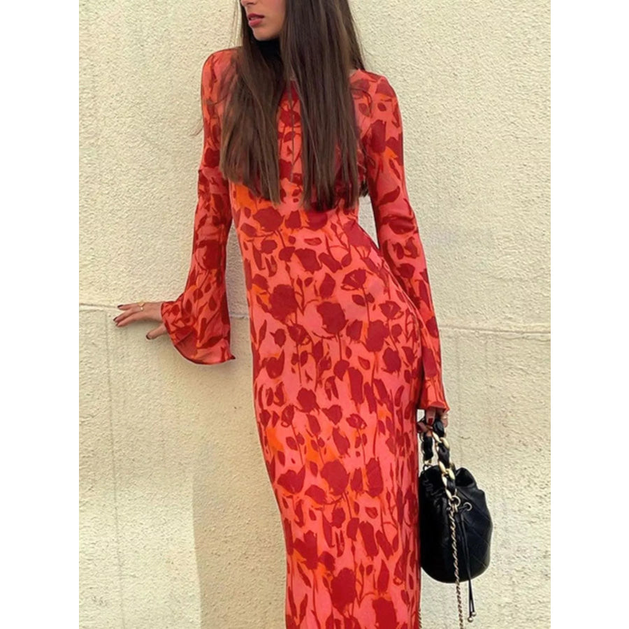 Floral Print Fare Sleeve Maxi Dress Apparel and Accessories