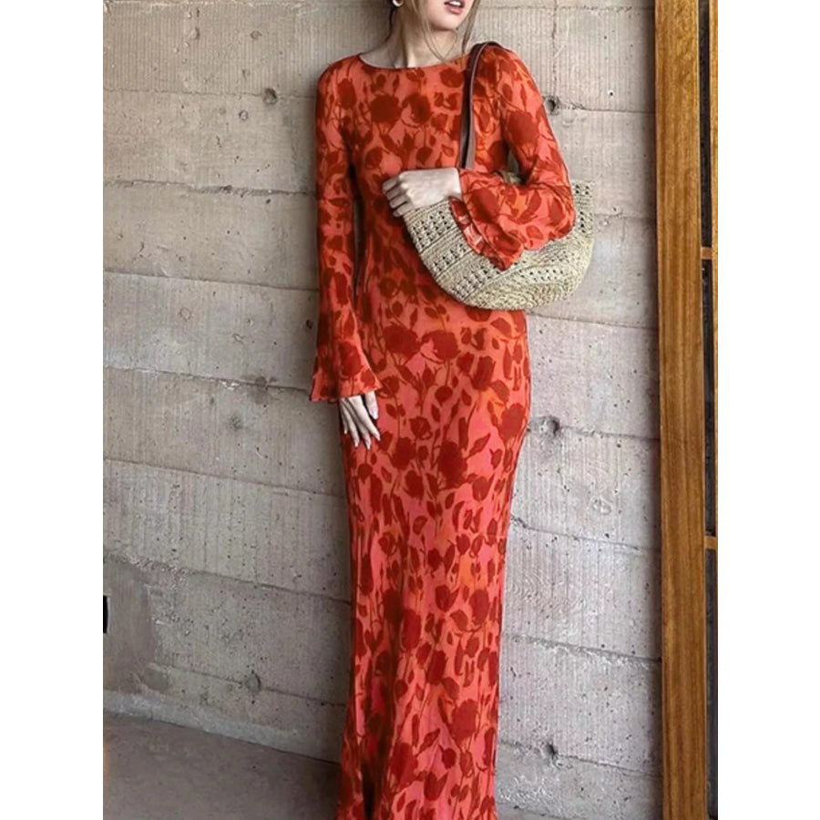 Floral Print Fare Sleeve Maxi Dress Orange-Red / XS Apparel and Accessories