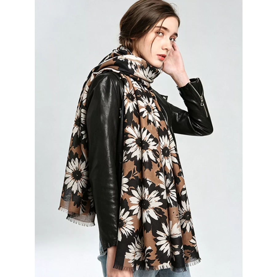 Floral Print Fashion Scarf Khaki / One Size Apparel and Accessories
