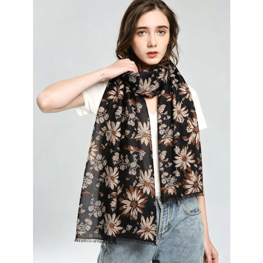 Floral Print Fashion Scarf Khaki / One Size Apparel and Accessories