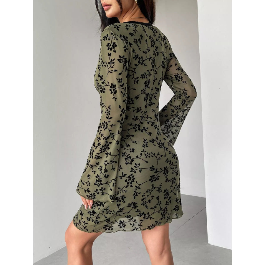 Floral Print Flare Sleeve Mini Dress Moss / S Apparel and Accessories