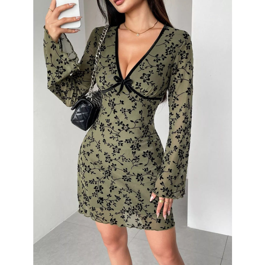 Floral Print Flare Sleeve Mini Dress Moss / S Apparel and Accessories