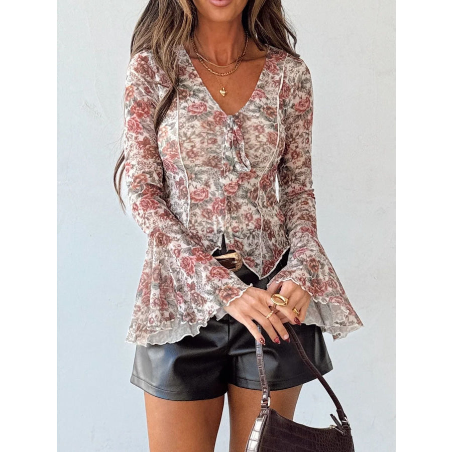 Floral Print Flounce Sleeve Blouse Apparel and Accessories