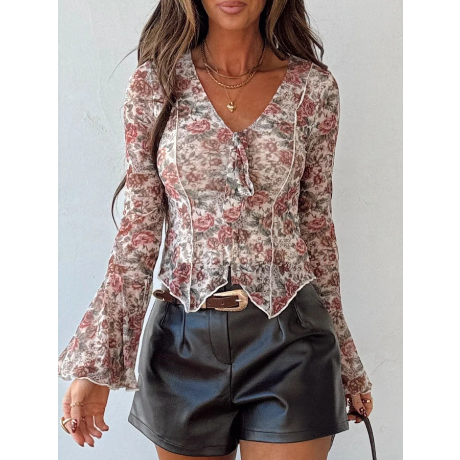 Floral Print Flounce Sleeve Blouse Apparel and Accessories