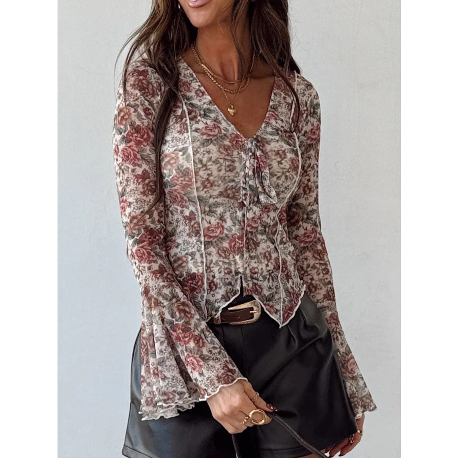 Floral Print Flounce Sleeve Blouse Apparel and Accessories