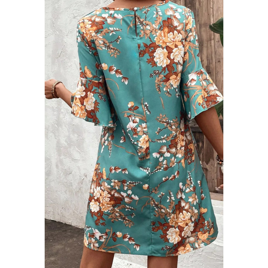 Floral Print Flounce Sleeve Casual Dress Apparel and Accessories