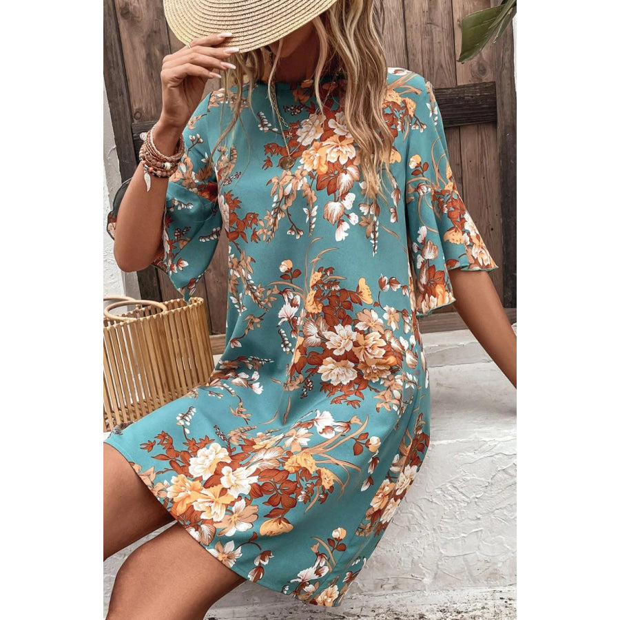 Floral Print Flounce Sleeve Casual Dress Apparel and Accessories
