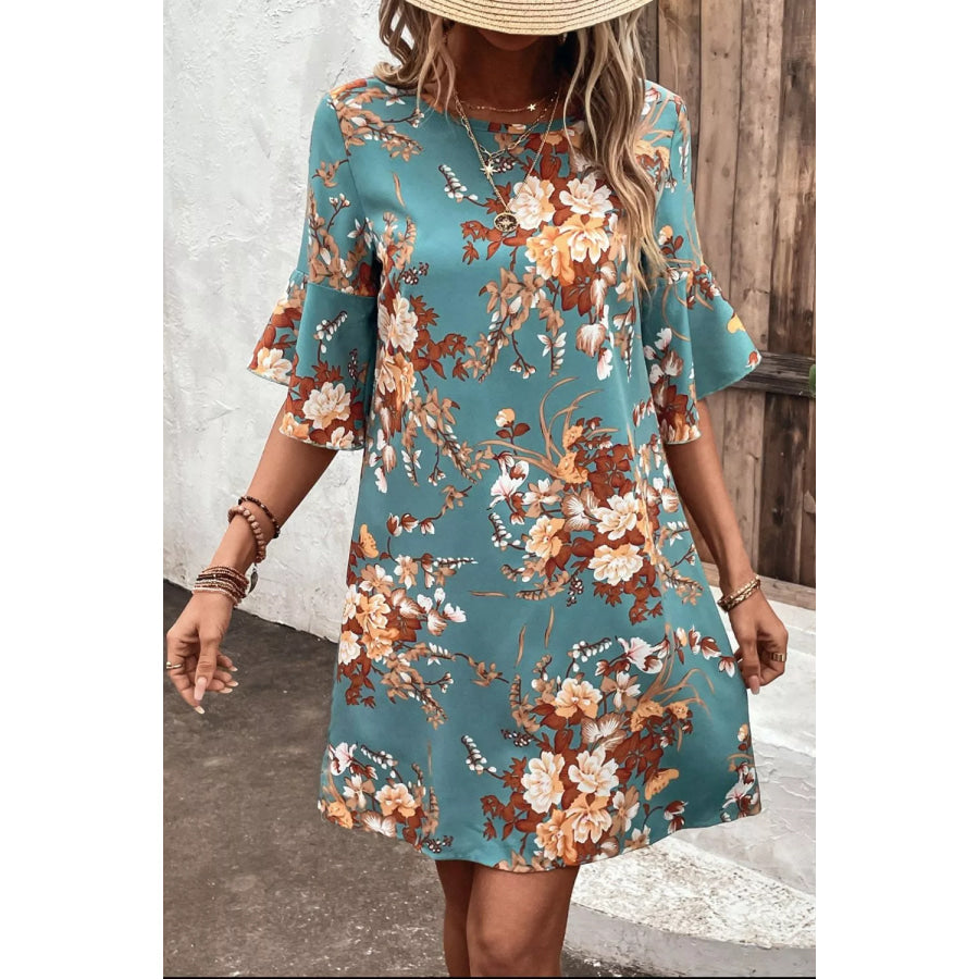 Floral Print Flounce Sleeve Casual Dress Apparel and Accessories