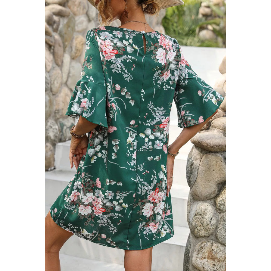 Floral Print Flounce Sleeve Casual Dress Apparel and Accessories