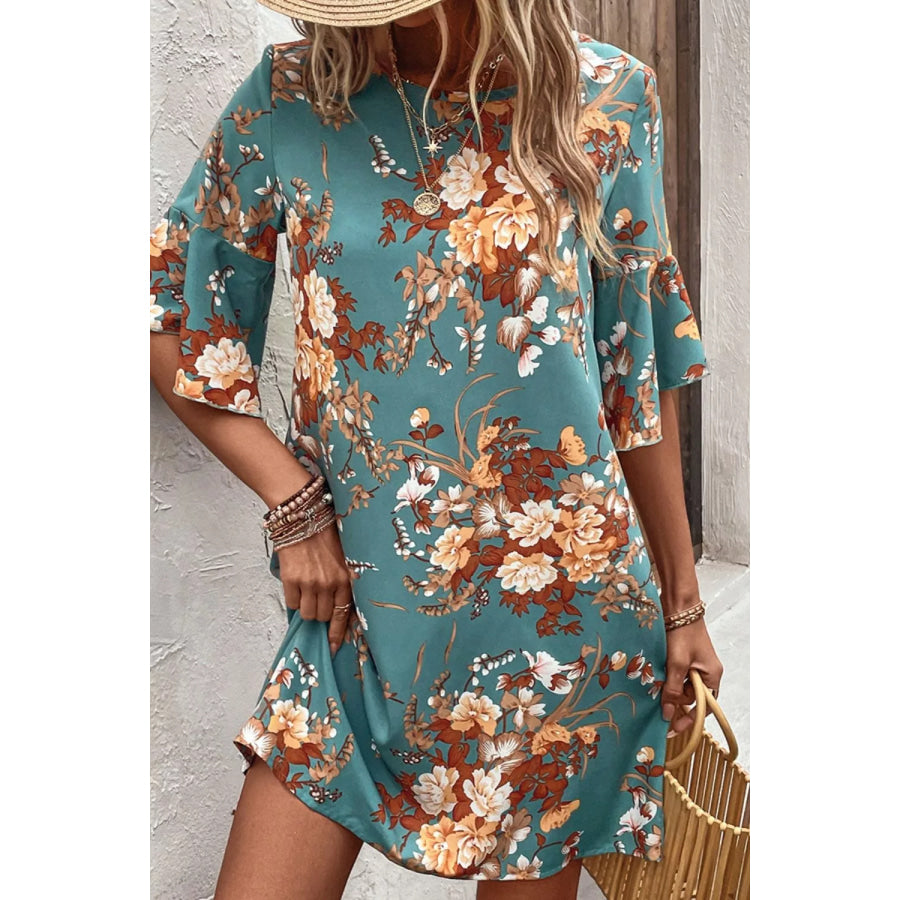 Floral Print Flounce Sleeve Casual Dress Apparel and Accessories