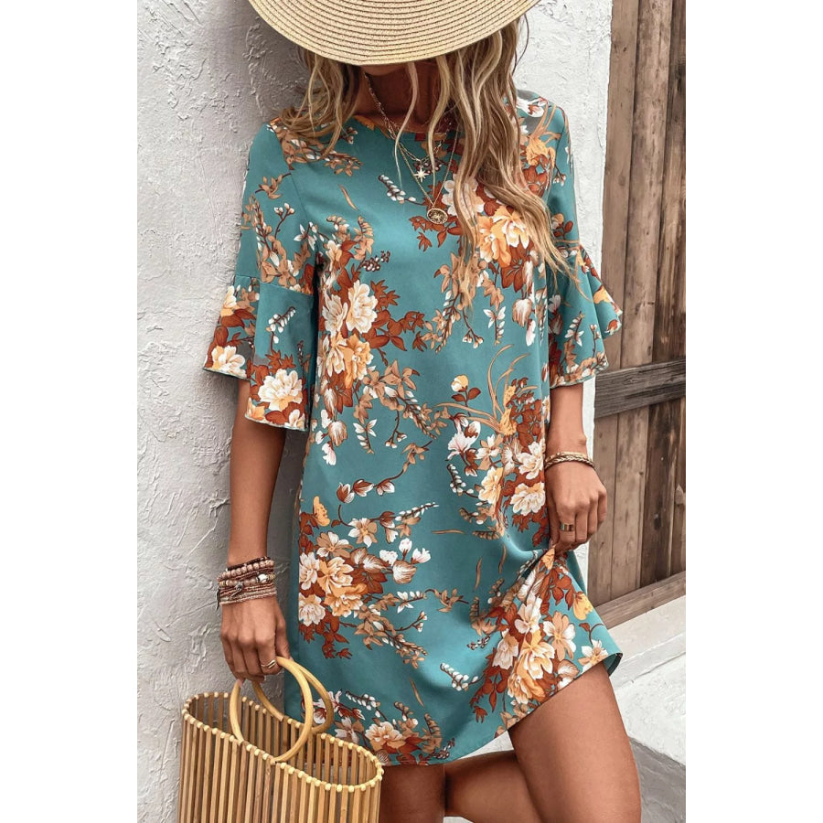 Floral Print Flounce Sleeve Casual Dress Apparel and Accessories