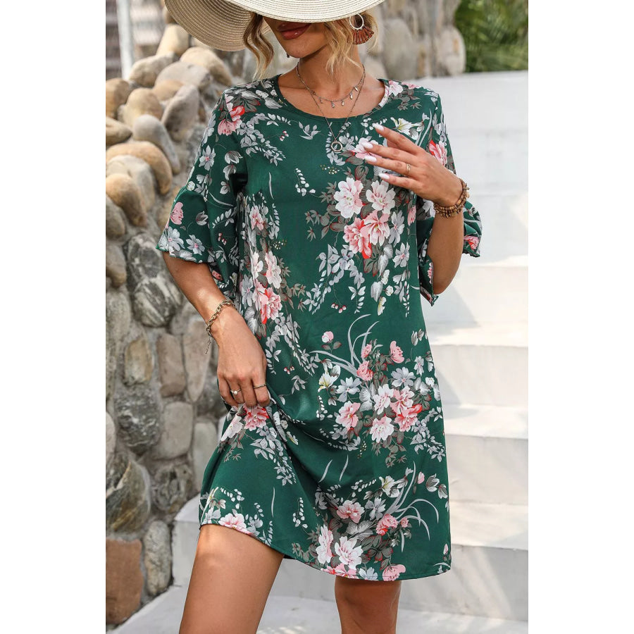 Floral Print Flounce Sleeve Casual Dress Apparel and Accessories