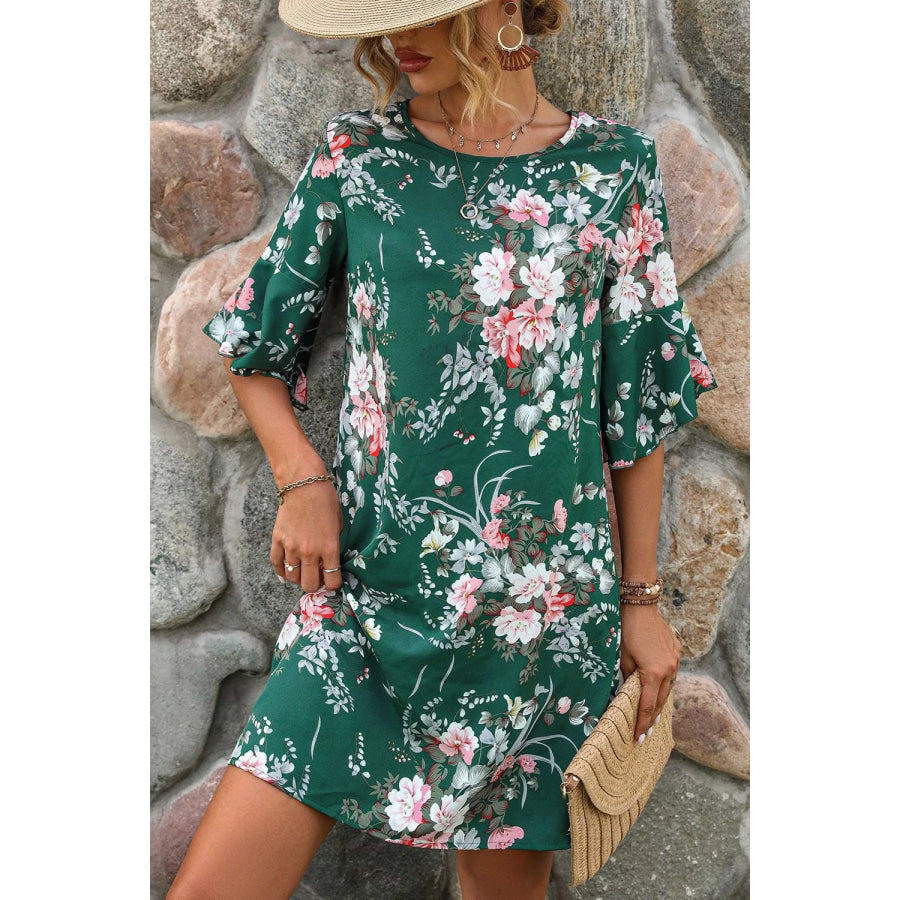 Floral Print Flounce Sleeve Casual Dress French Blue / S Apparel and Accessories