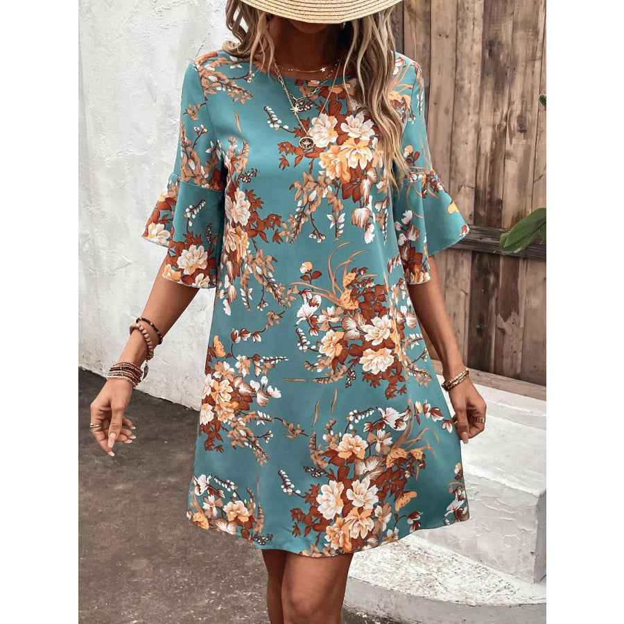 Floral Print Flounce Sleeve Casual Dress Turquoise / S Apparel and Accessories
